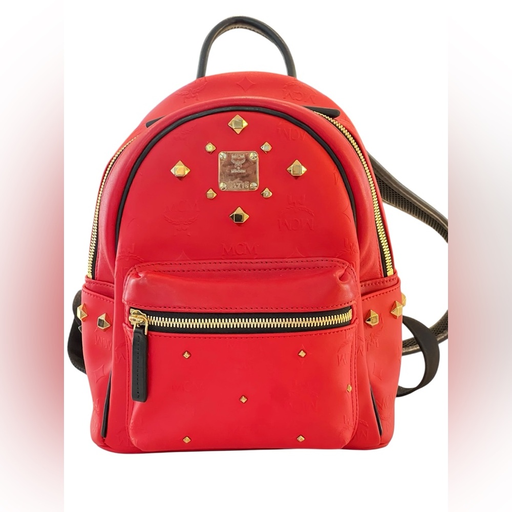 MCM Red Coated Canvas and Leather Stud Embellished Stark Backpack